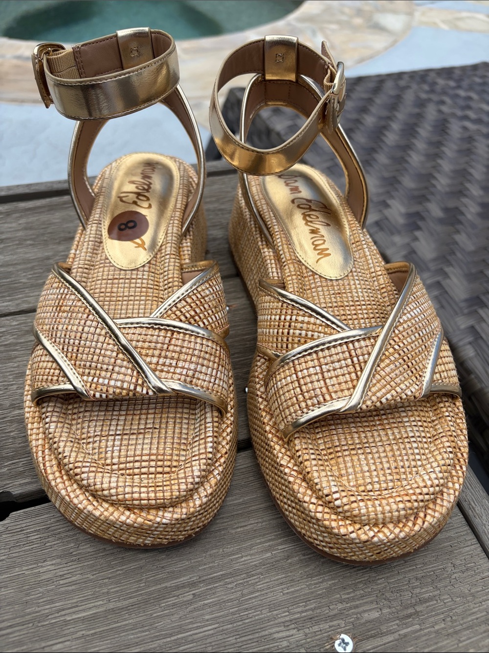 Sam Edelman Gold Metallic Woven Platform Ankle-Strap Sandals